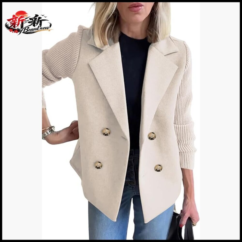 Double Breasted Wool Pea Coat Notched Lapel Ribbed Knit Sleeves Blazer